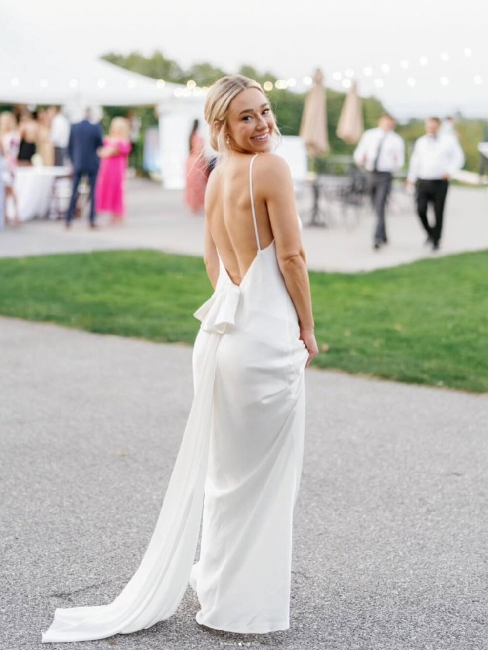 MESHKI Kailey White Low Back Bow Train Maxi Dress